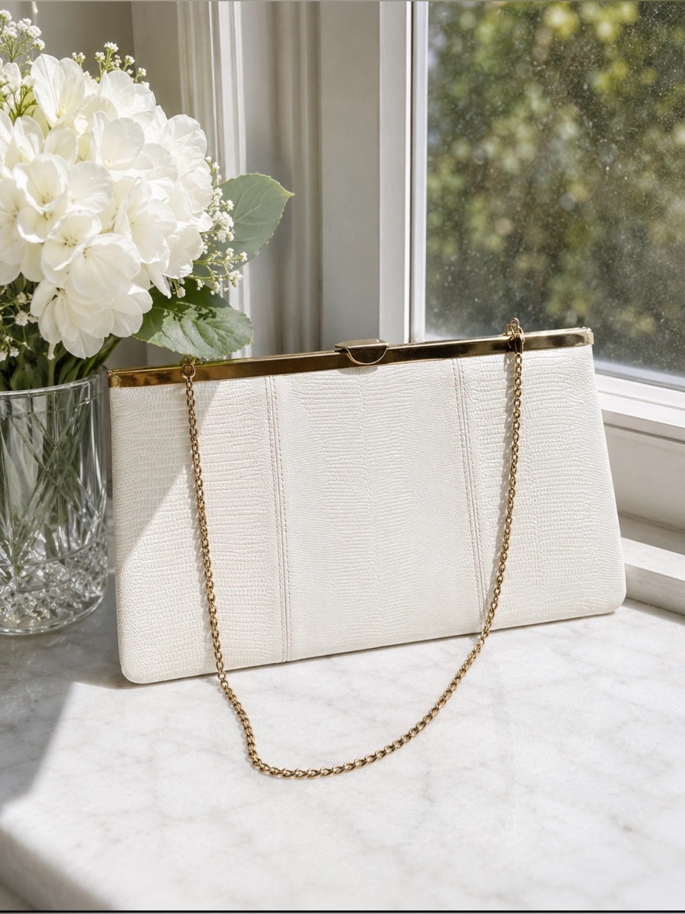 Vintage Etra White Leather Clutch Gold Chain Bridal Wedding Evening Bag
